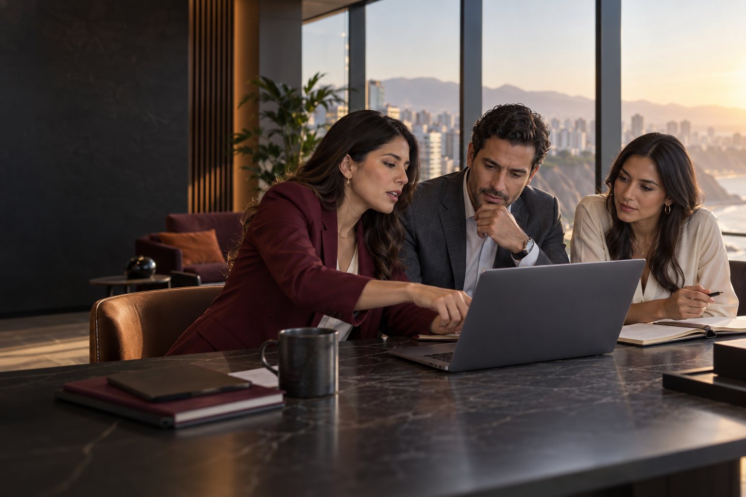 Equipo ejecutivo colaborando en la gestión de su negocio